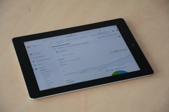A digital tablet showing a web analytics dashboard with graphs and charts. Affiliate marketing for digital products: 6 programs, 2 FTC cases