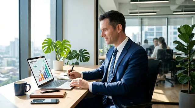 businessman, office, computer, meeting, chart, suit, body parts, analysis, forecast, workstation, laptop, cup, laptop computer, collaboration, colleagues, strategy, statistics, employment, manager. Digital product strategy development: how to compare options