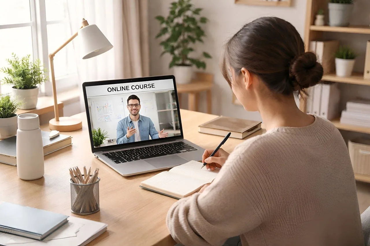 online learning, e-learning, distance learning, studying at home, laptop user, home office, digital education, modern workspace, productivity, working from home, online course, minimal desk, clean workspace, natural light, adult learner, technology use, education concept, focused person, home study. How to tell whether online course marketing benchmarks fit