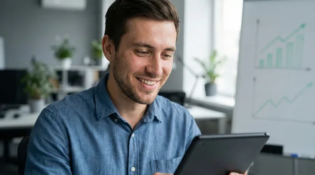young man, digital tablet, business person, office worker, data analysis, technology use, smiling face, modern office, productivity, business success, financial growth, entrepreneur, professional male, market research, corporate environment, casual business, online business, innovation, positive attitude, work lifestyle, digital content, future vision, smart technology, ai generated. Shopify vs WooCommerce for Digital Products: US Sellers' Cost Breakdown